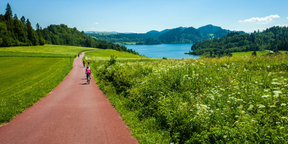 Cycling around Czorsztynskie lake near Niedzica village on sunny